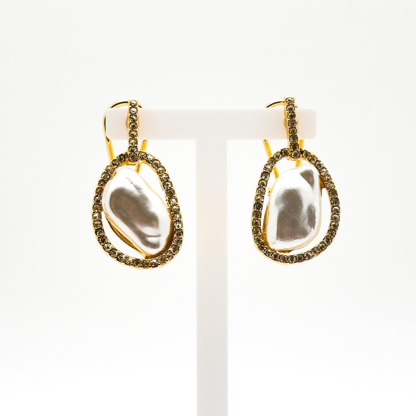 French Retro Pearl Crystal Stud Earrings Gold-Plated Art Deco Elegance