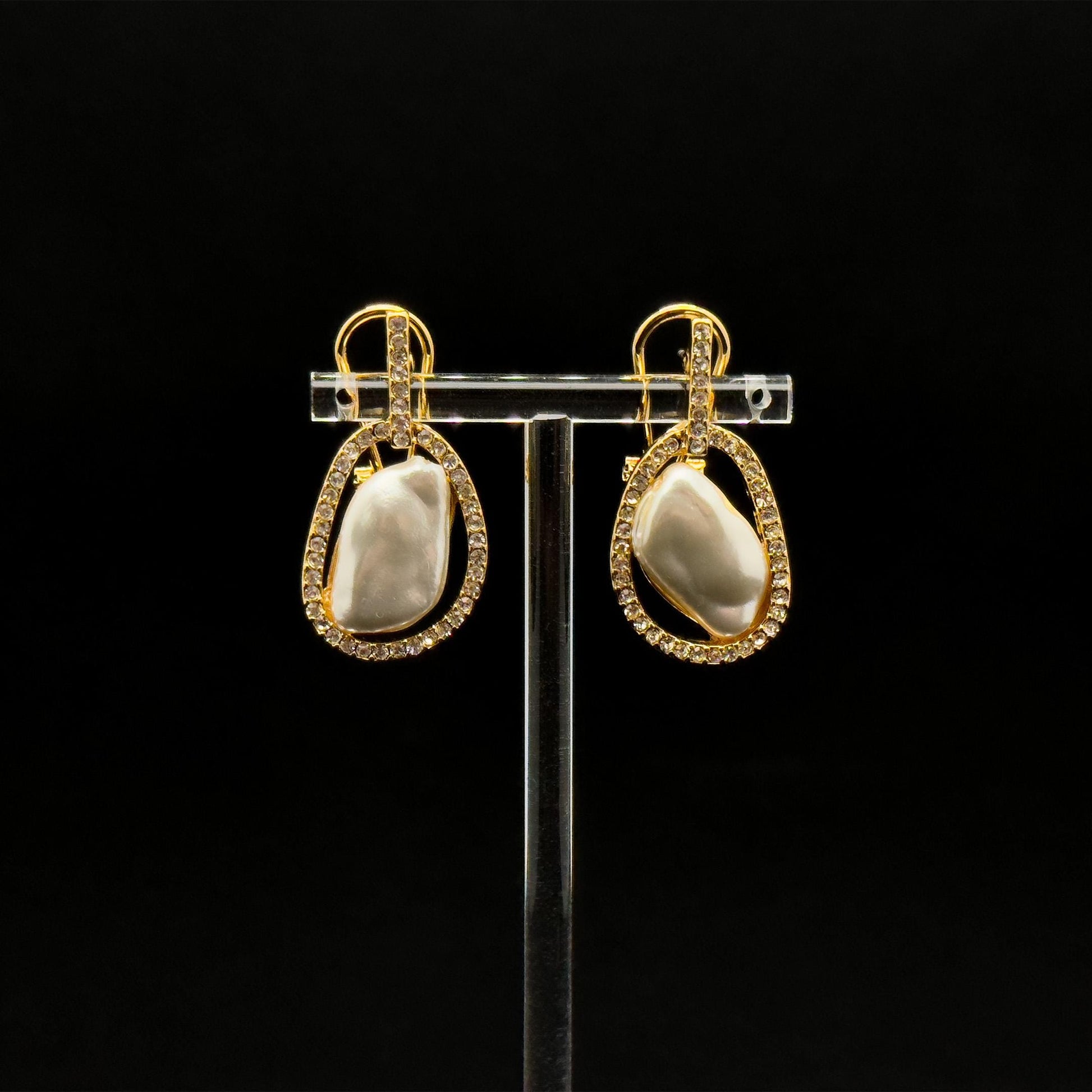 French Retro Pearl Crystal Stud Earrings Gold-Plated Art Deco Elegance