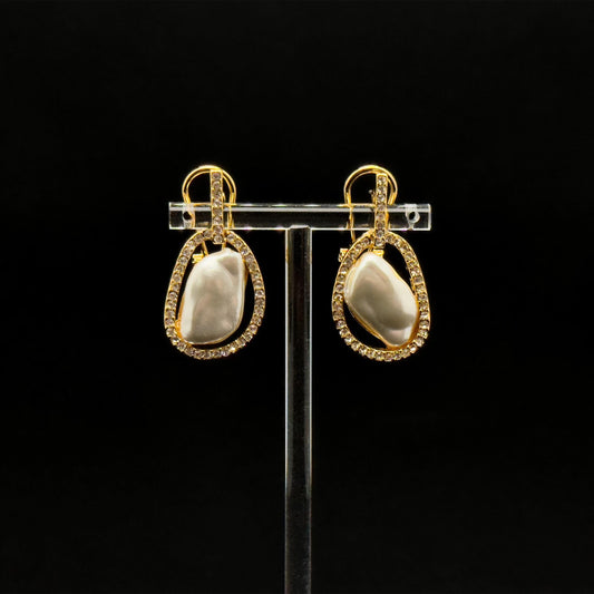 French Retro Pearl Crystal Stud Earrings Gold-Plated Art Deco Elegance