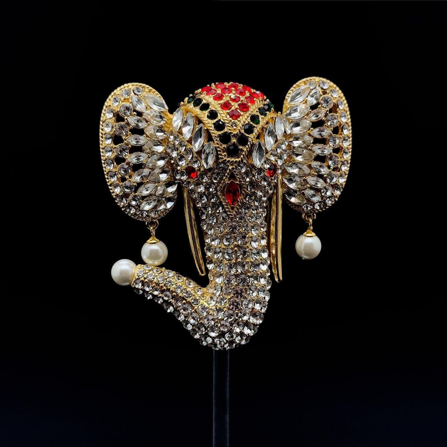 18k Gold-Plated Crystal Elephant Brooch with Pearls, Art Deco Elegance