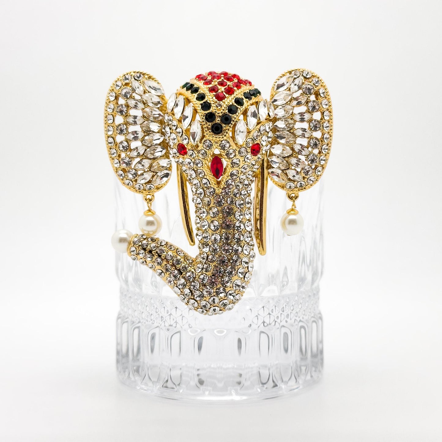 18k Gold-Plated Crystal Elephant Brooch with Pearls, Art Deco Elegance
