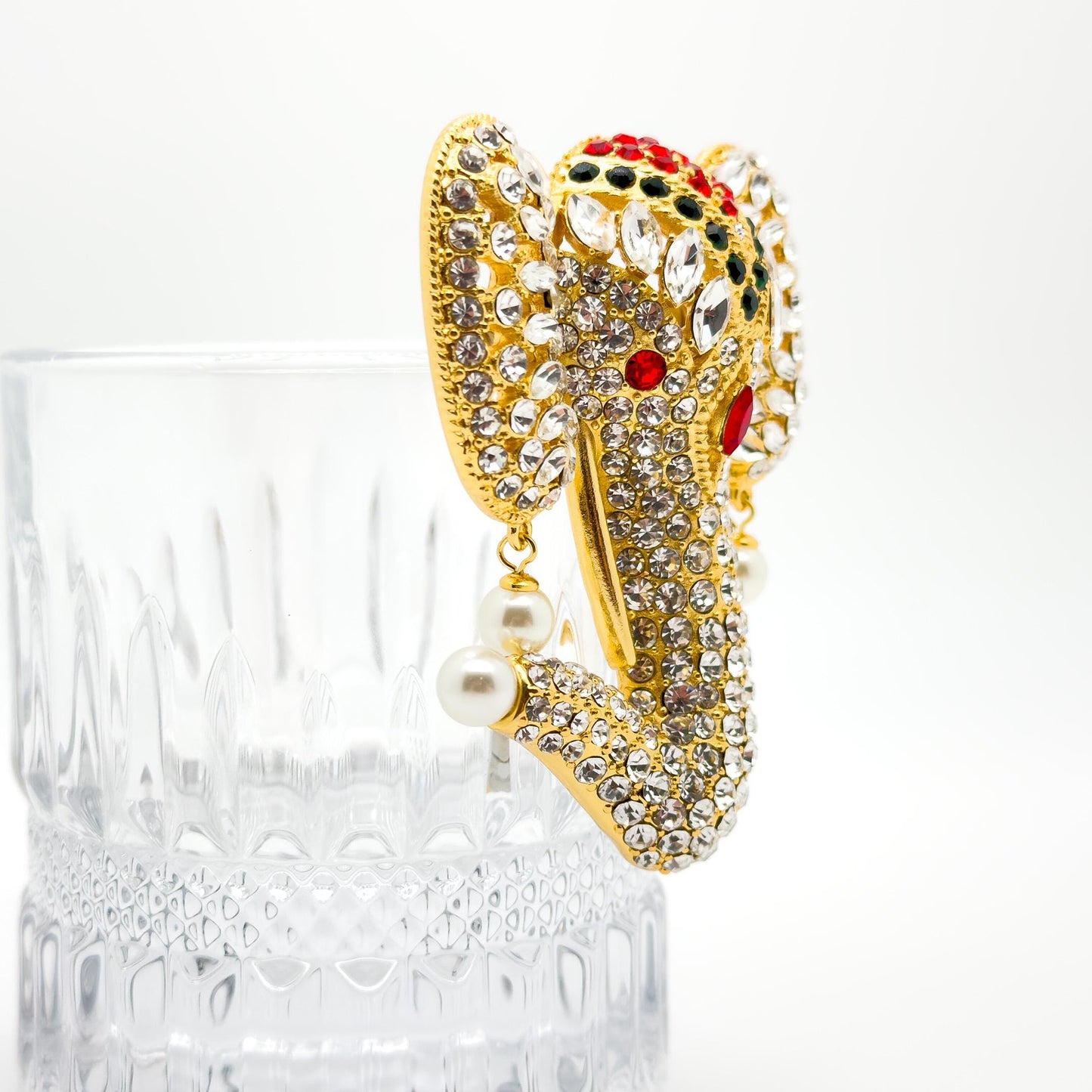 18k Gold-Plated Crystal Elephant Brooch with Pearls, Art Deco Elegance