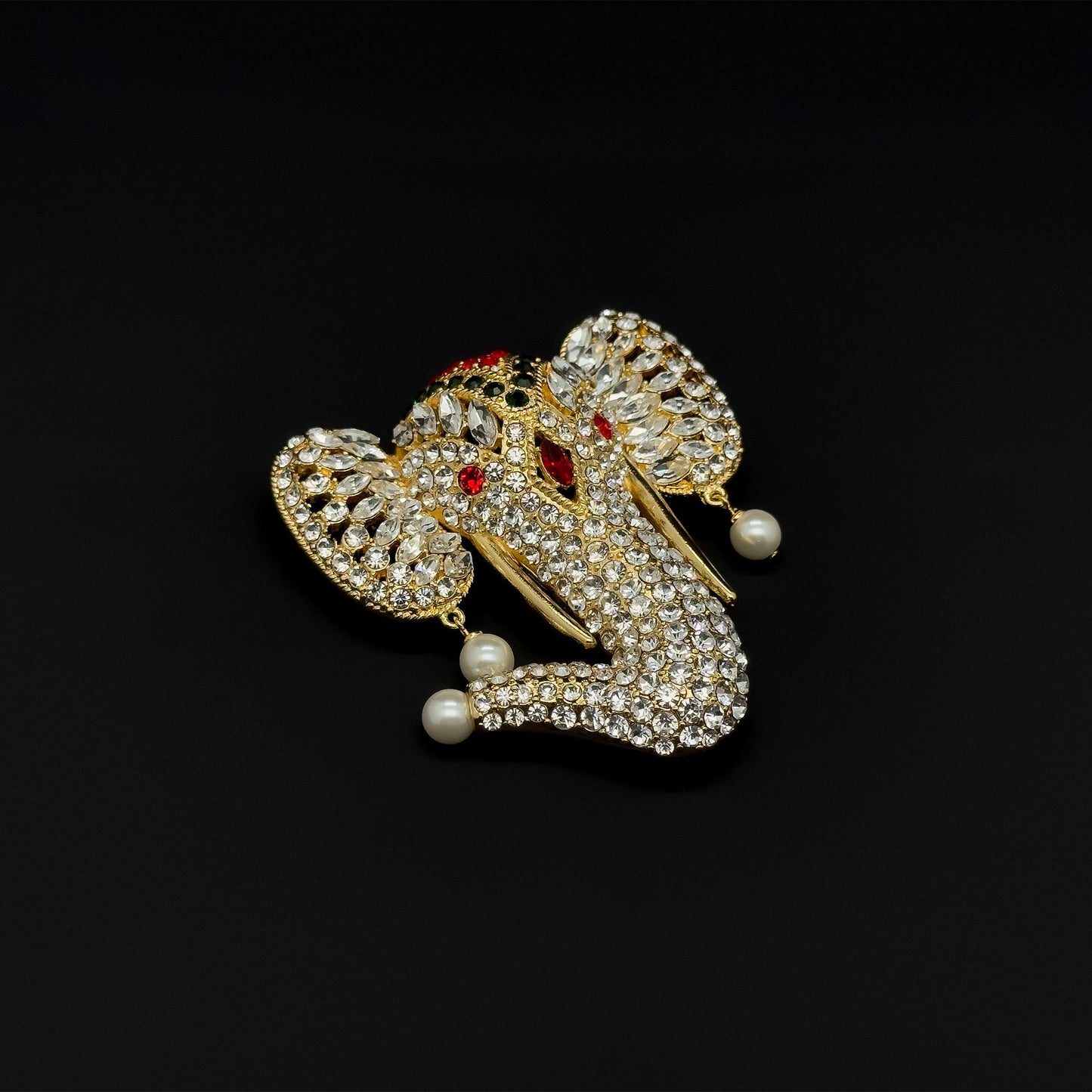 18k Gold-Plated Crystal Elephant Brooch with Pearls, Art Deco Elegance