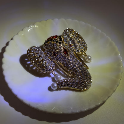 18k Gold-Plated Crystal Elephant Brooch with Pearls, Art Deco Elegance