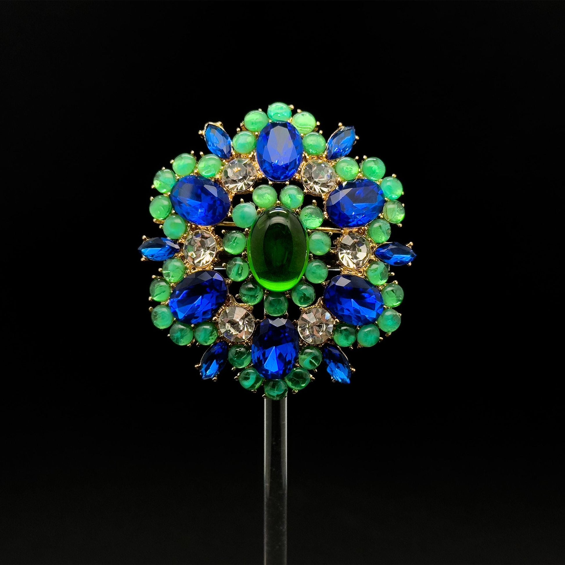French-Style Blue Flower Brooch with Rhinestones and Gift Box