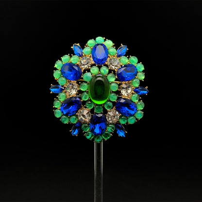 French-Style Blue Flower Brooch with Rhinestones and Gift Box