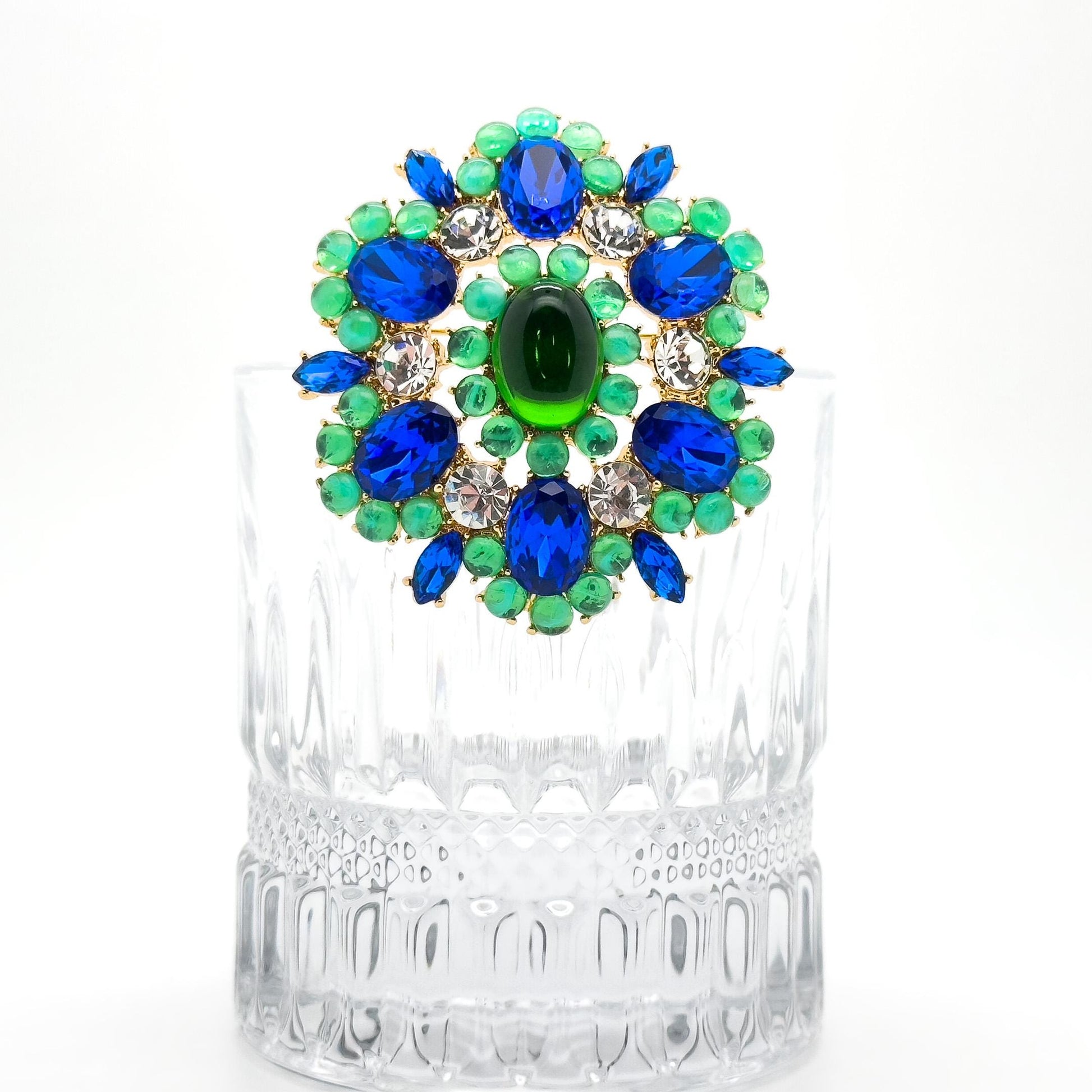 French-Style Blue Flower Brooch with Rhinestones and Gift Box