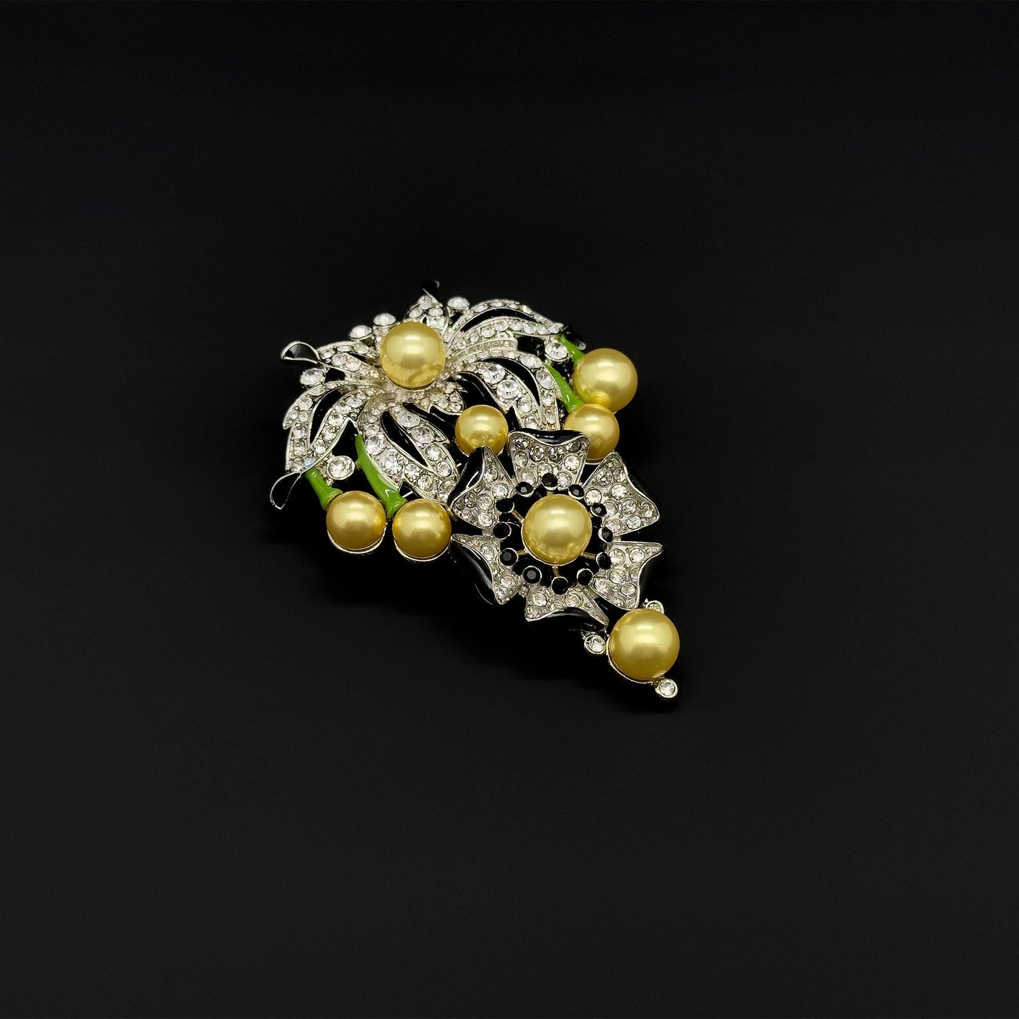 Gold Pearl Flower Brooch with Rhinestones and Enamel Details