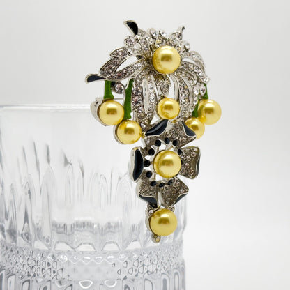 Gold Pearl Flower Brooch with Rhinestones and Enamel Details