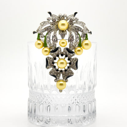 Gold Pearl Flower Brooch with Rhinestones and Enamel Details
