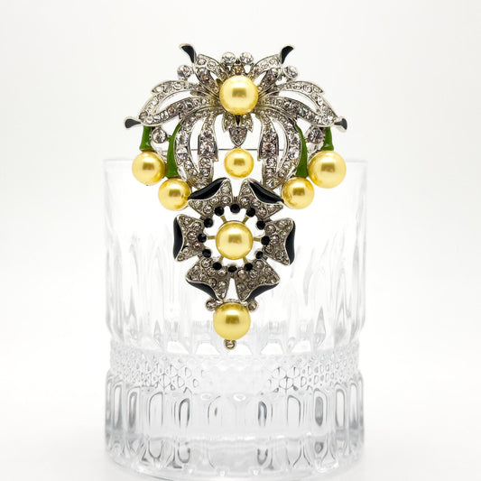 Gold Pearl Flower Brooch with Rhinestones and Enamel Details