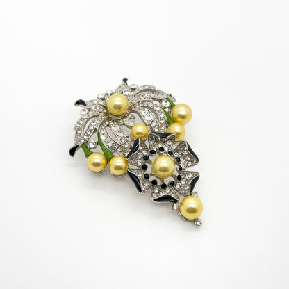Gold Pearl Flower Brooch with Rhinestones and Enamel Details