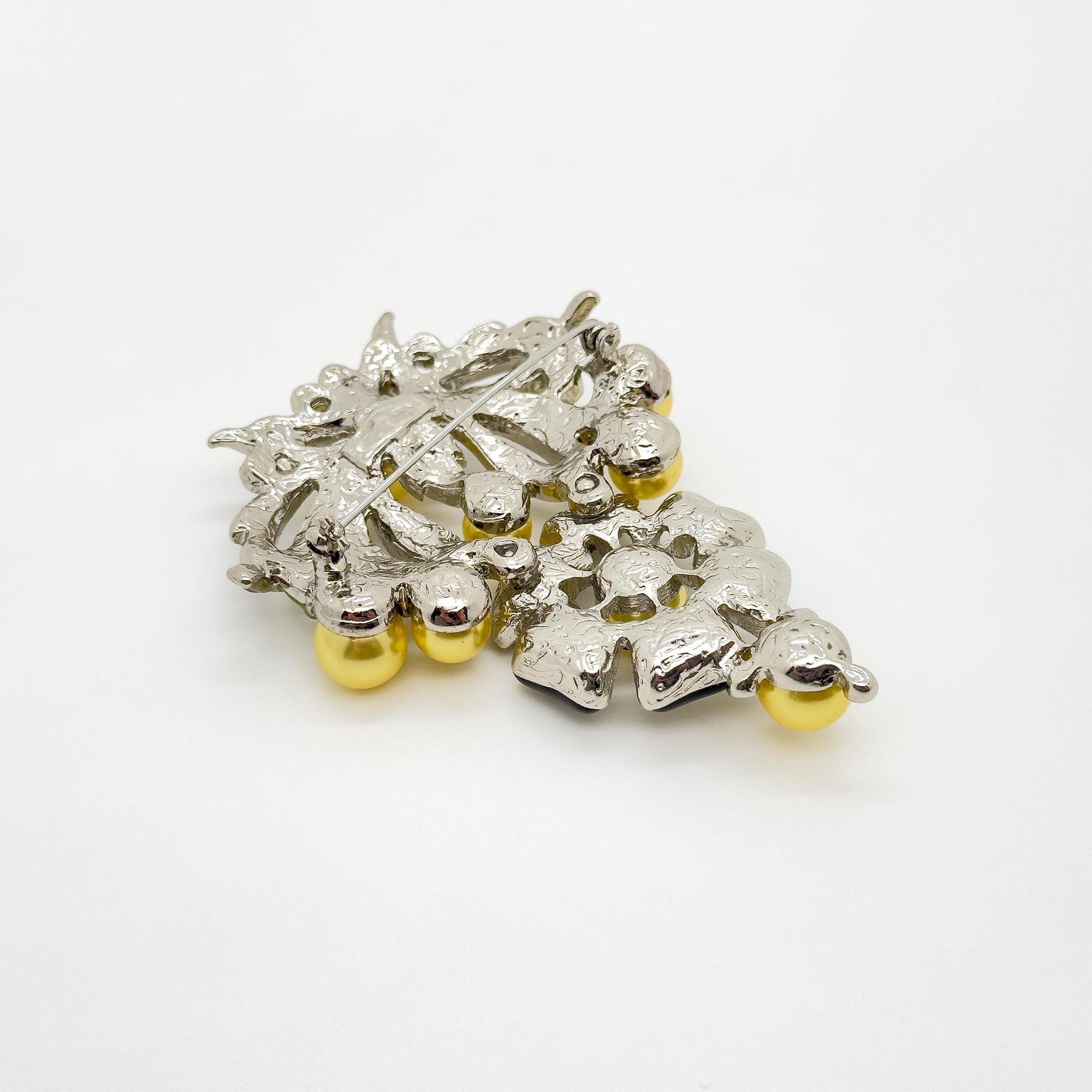 Gold Pearl Flower Brooch with Rhinestones and Enamel Details