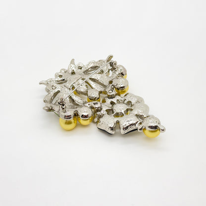 Gold Pearl Flower Brooch with Rhinestones and Enamel Details