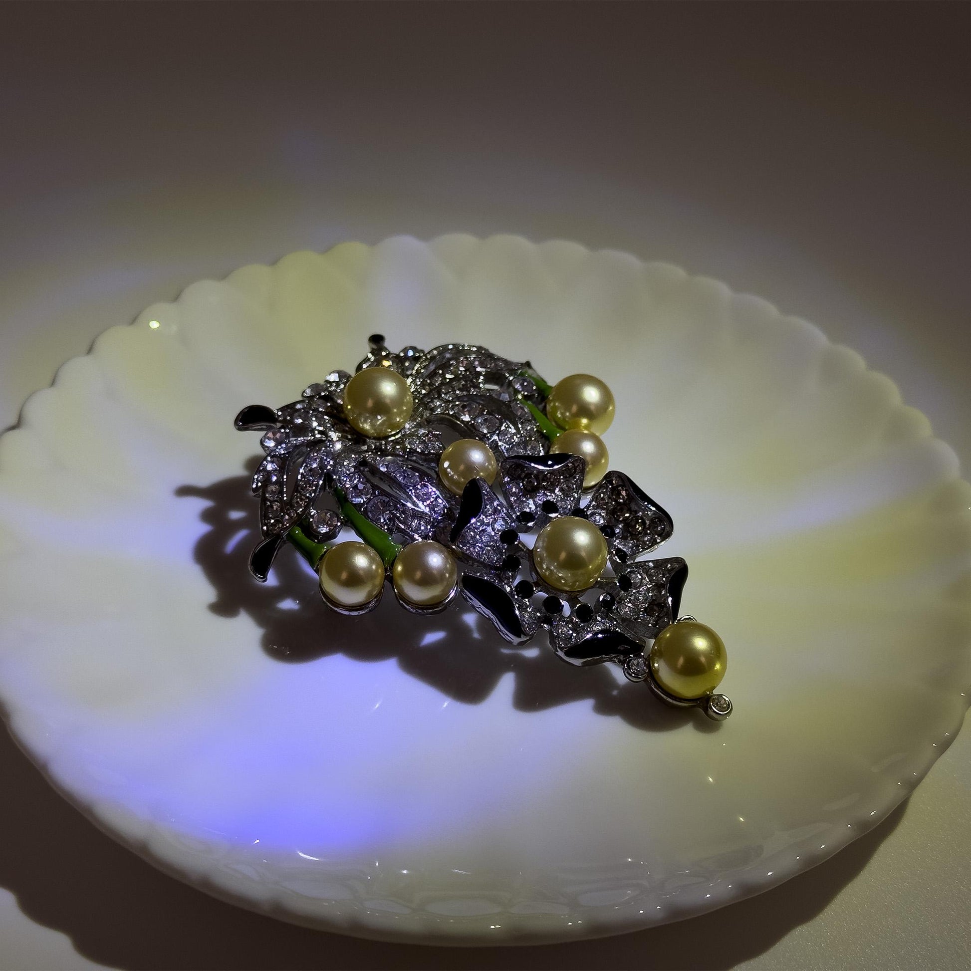 Gold Pearl Flower Brooch with Rhinestones and Enamel Details