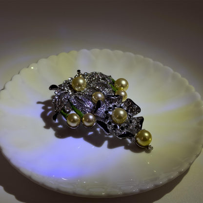 Gold Pearl Flower Brooch with Rhinestones and Enamel Details