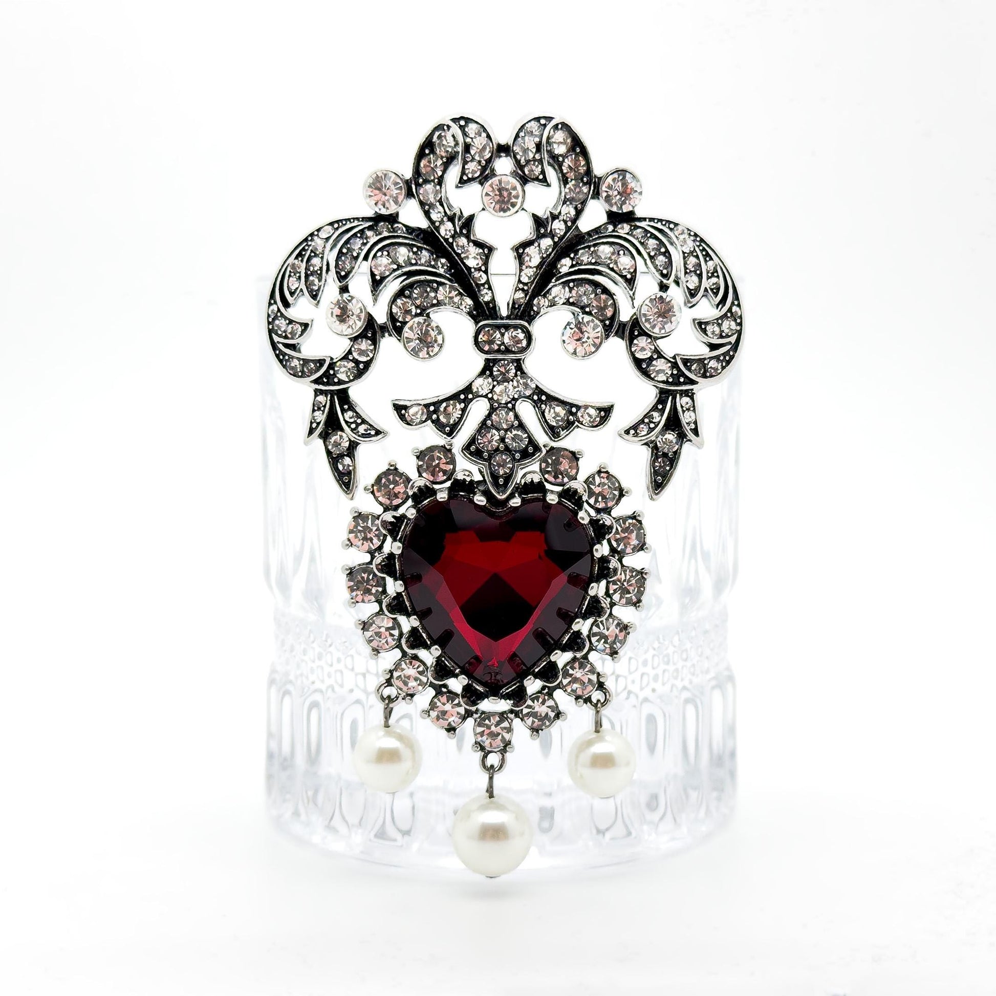 French Vintage Red Zircon Baroque Brooch with Pearls