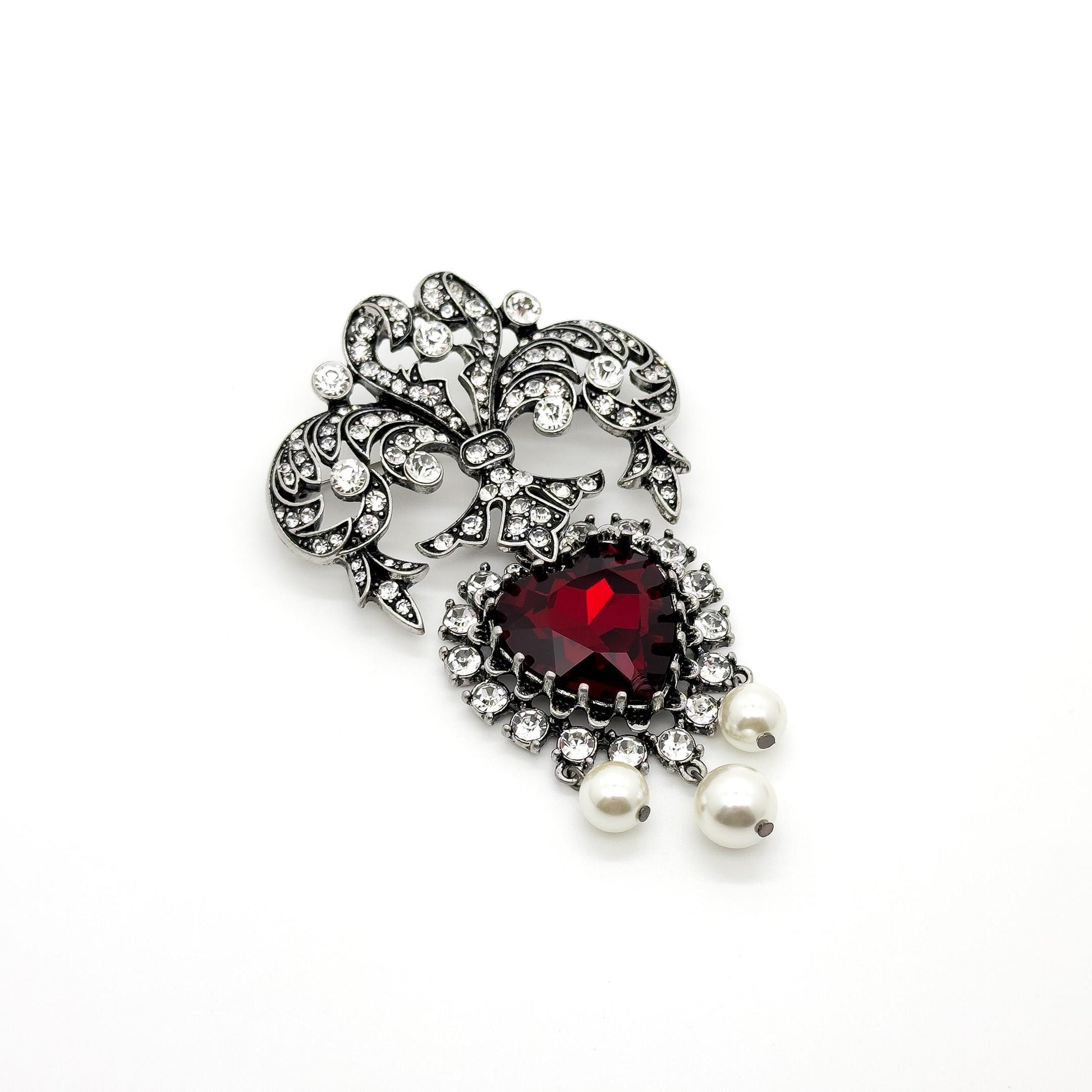 French Vintage Red Zircon Baroque Brooch with Pearls
