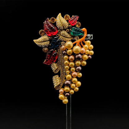 French Vintage Court-Style Pearl and Grape Crystal Brooch