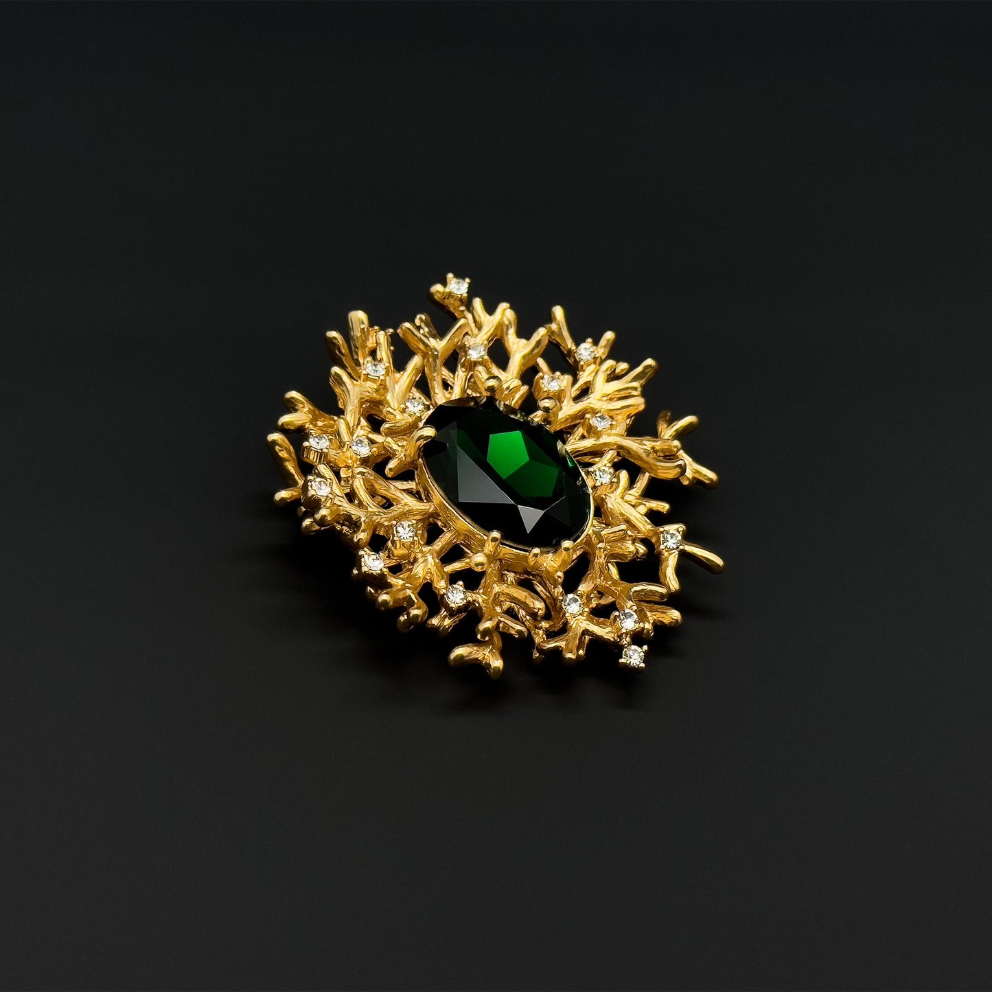 Royal Antler Zircon Brooch with Blue Green Art Deco Gems