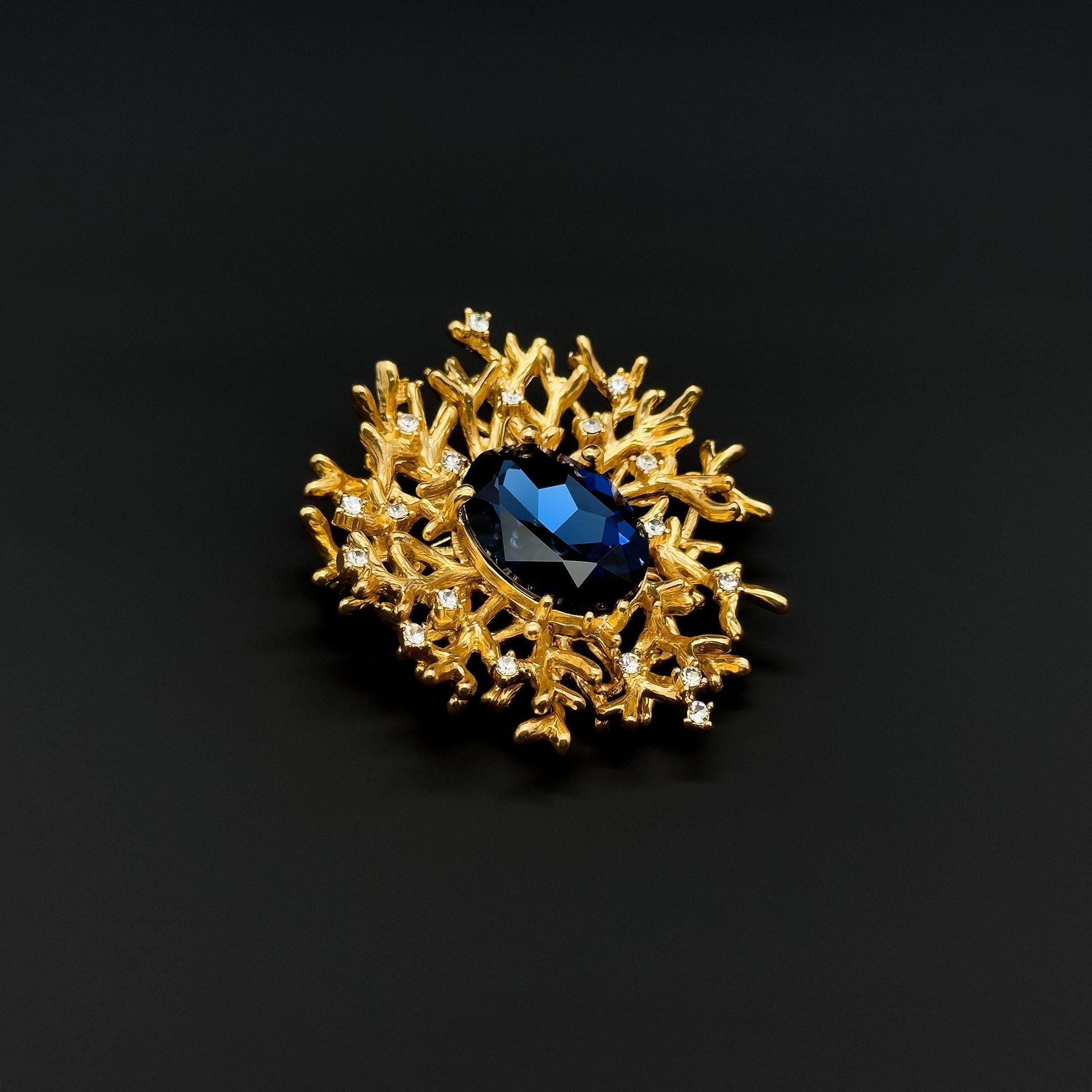 Royal Antler Zircon Brooch with Blue Green Art Deco Gems