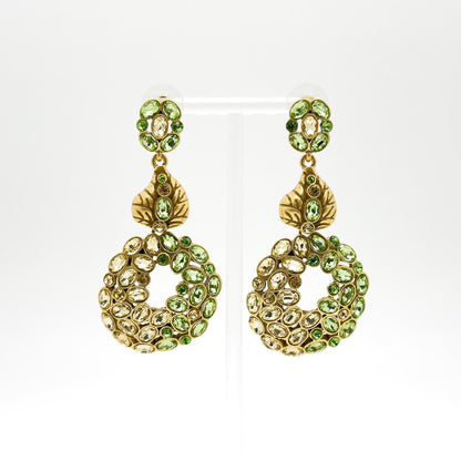 French Vintage Green Leaf Drop Earrings with Rhinestones Silver Hooks