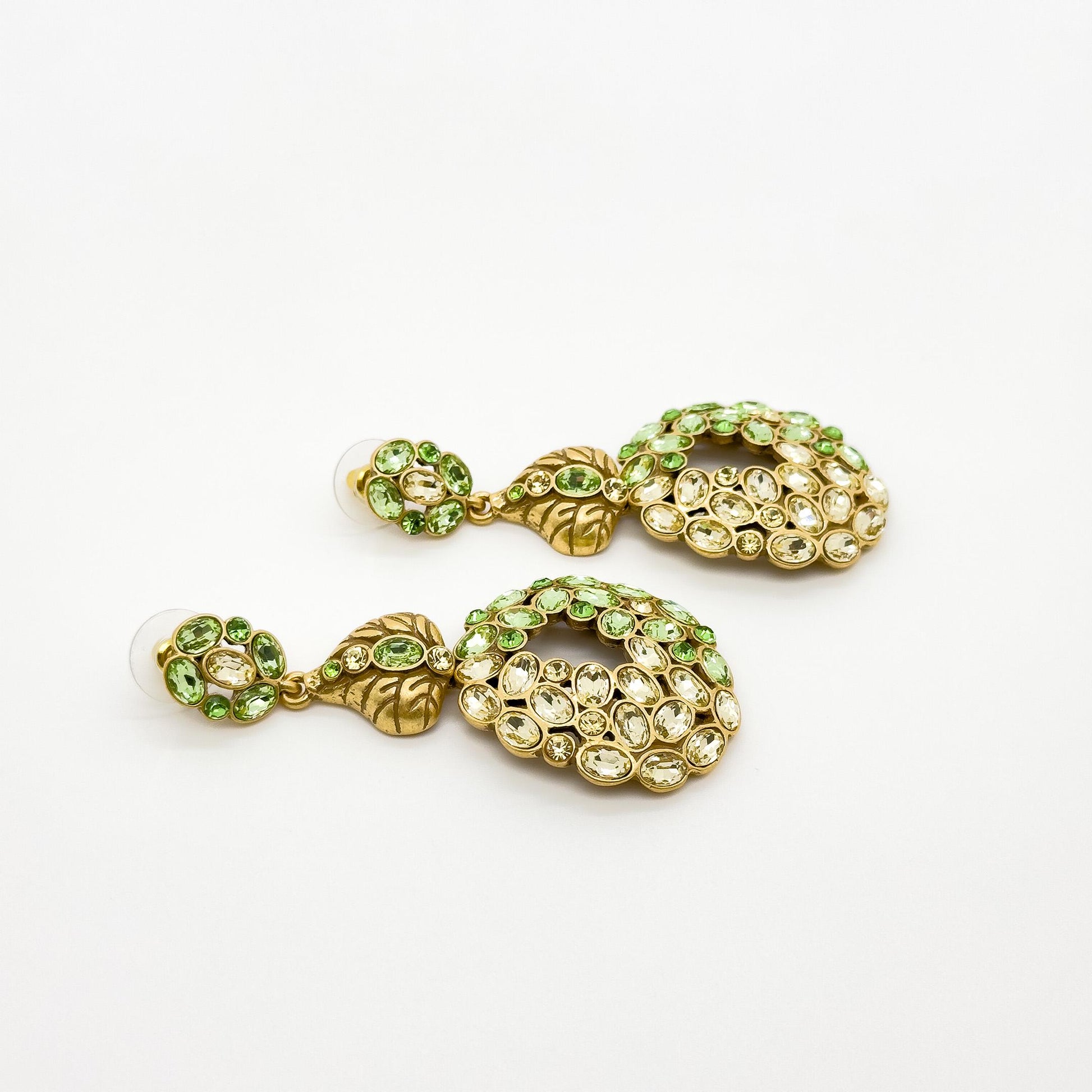 French Vintage Green Leaf Drop Earrings with Rhinestones Silver Hooks