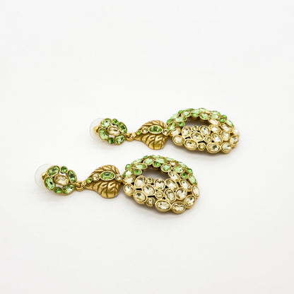 French Vintage Green Leaf Drop Earrings with Rhinestones Silver Hooks