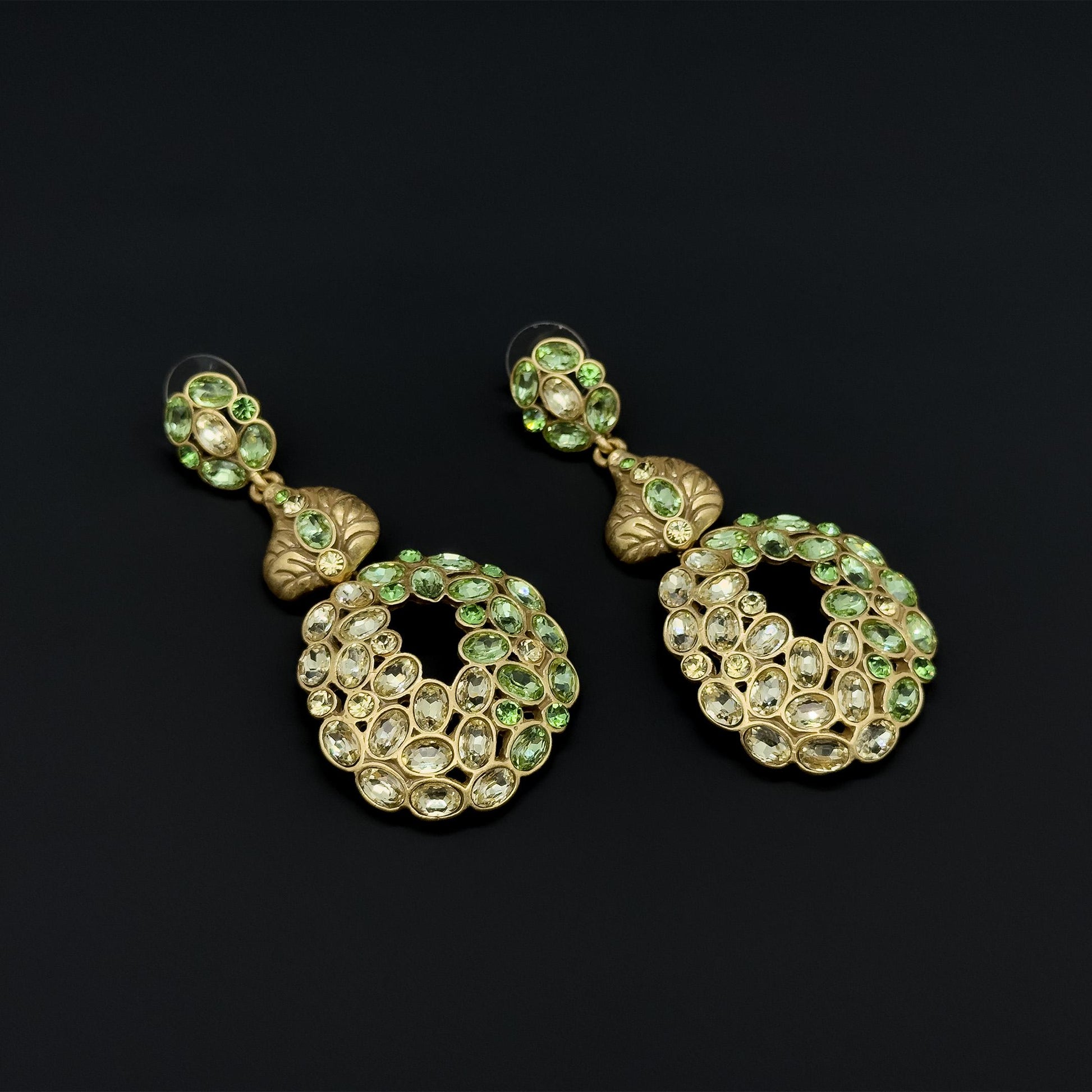 French Vintage Green Leaf Drop Earrings with Rhinestones Silver Hooks