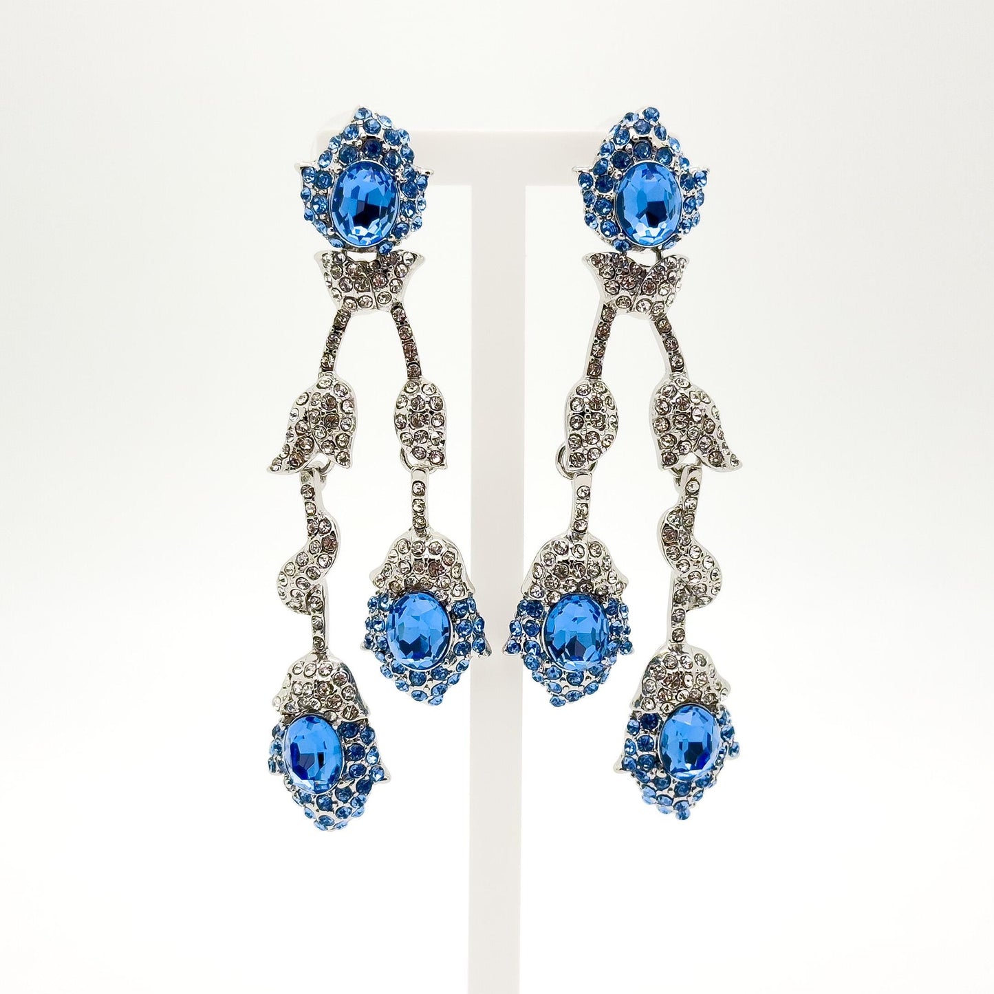 Vintage Teal Blue Flower Drop Earrings, Glass Rhinestone Titanium Hooks
