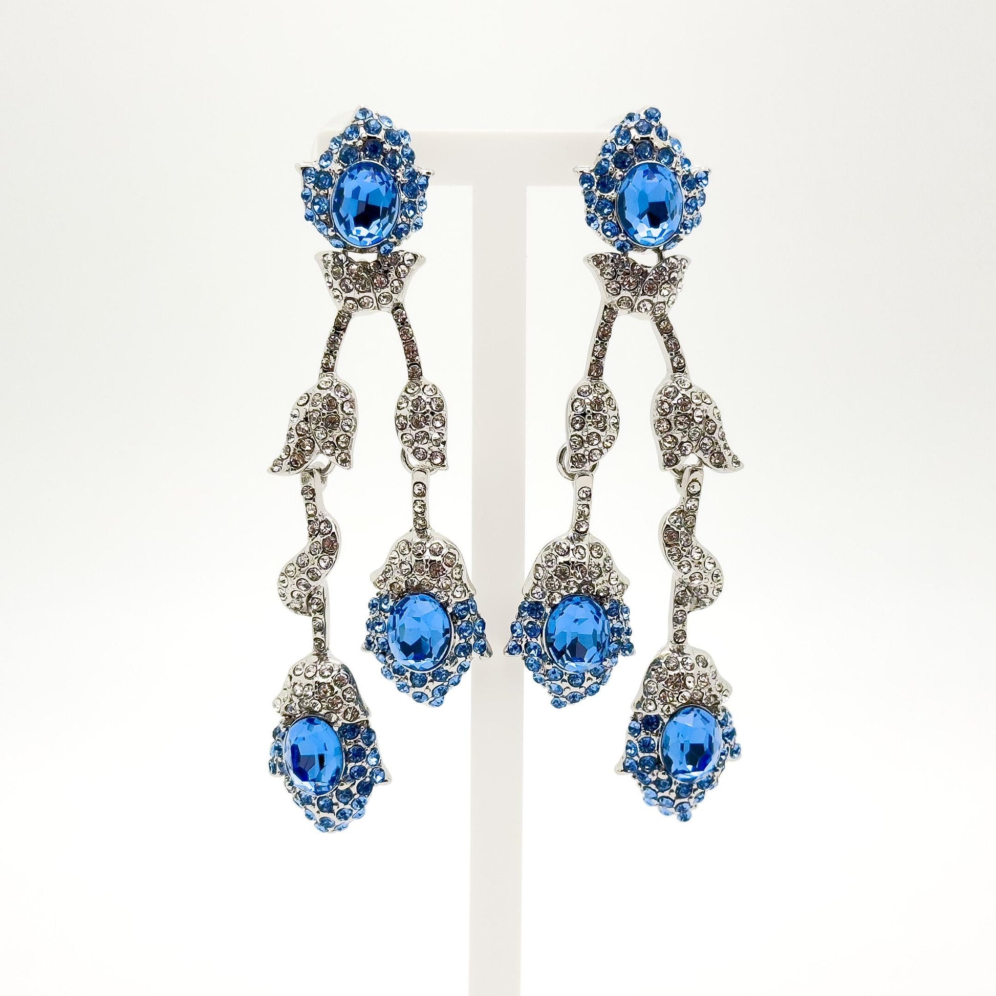 Vintage Teal Blue Flower Drop Earrings, Glass Rhinestone Titanium Hooks