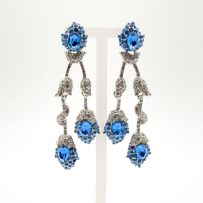Vintage Teal Blue Flower Drop Earrings, Glass Rhinestone Titanium Hooks
