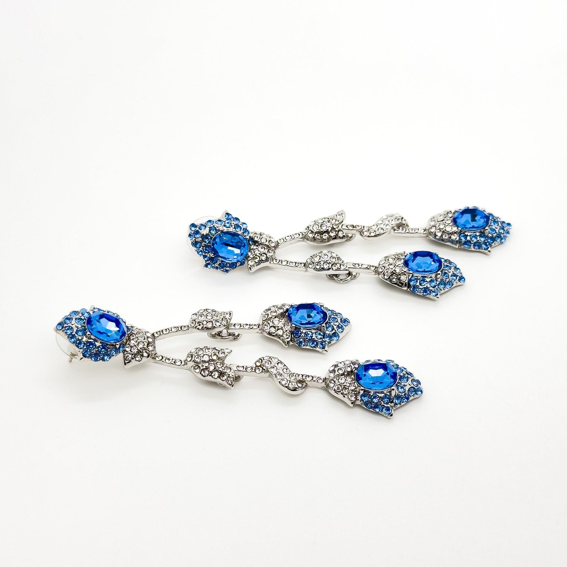 Vintage Teal Blue Flower Drop Earrings, Glass Rhinestone Titanium Hooks