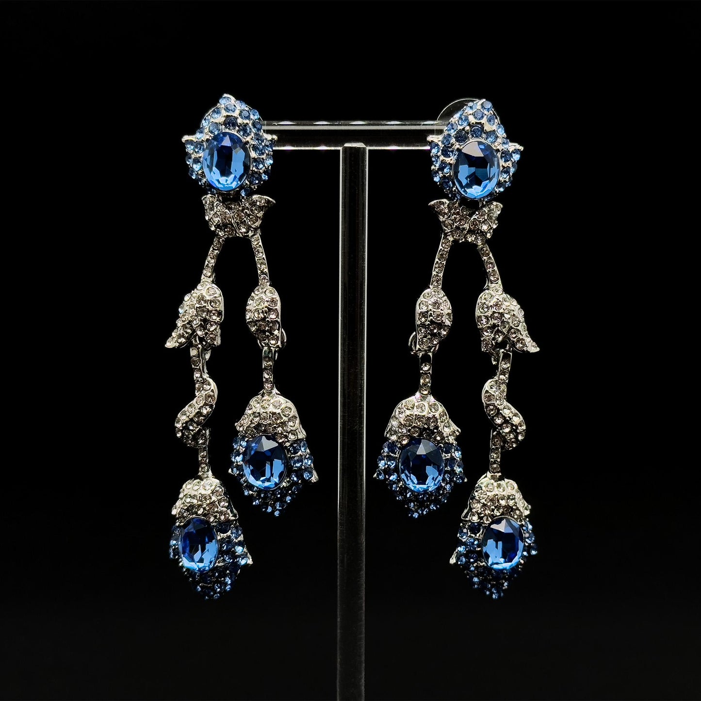 Vintage Teal Blue Flower Drop Earrings, Glass Rhinestone Titanium Hooks