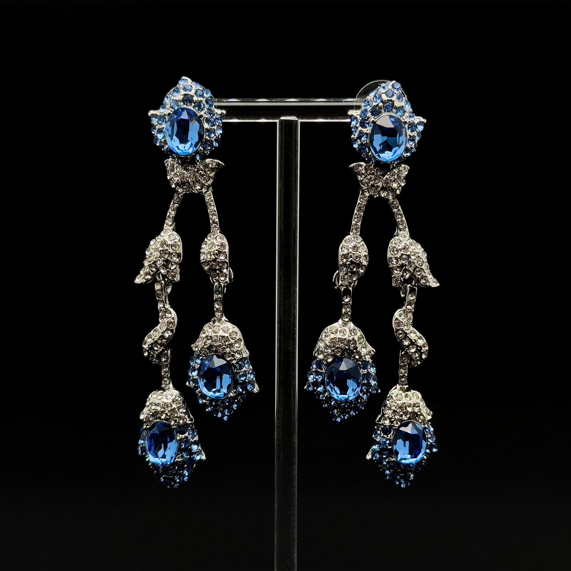 Vintage Teal Blue Flower Drop Earrings, Glass Rhinestone Titanium Hooks