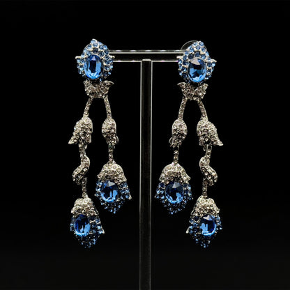 Vintage Teal Blue Flower Drop Earrings, Glass Rhinestone Titanium Hooks