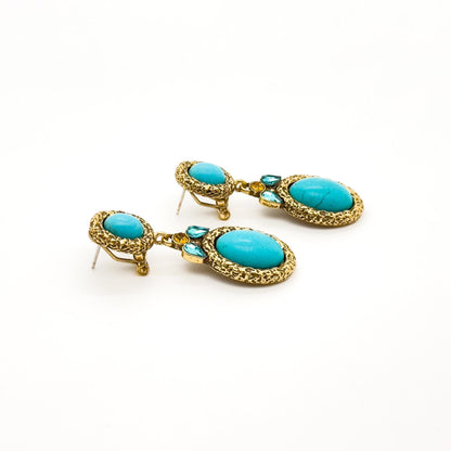 Vintage Art Deco Turquoise Drop Earrings with Rhinestone Detail
