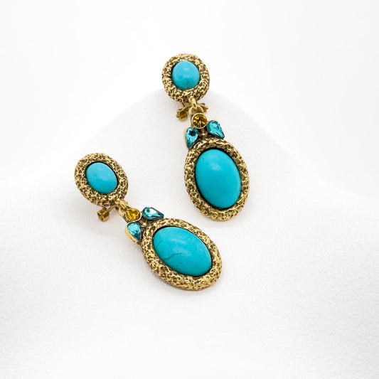 Vintage Art Deco Turquoise Drop Earrings with Rhinestone Detail