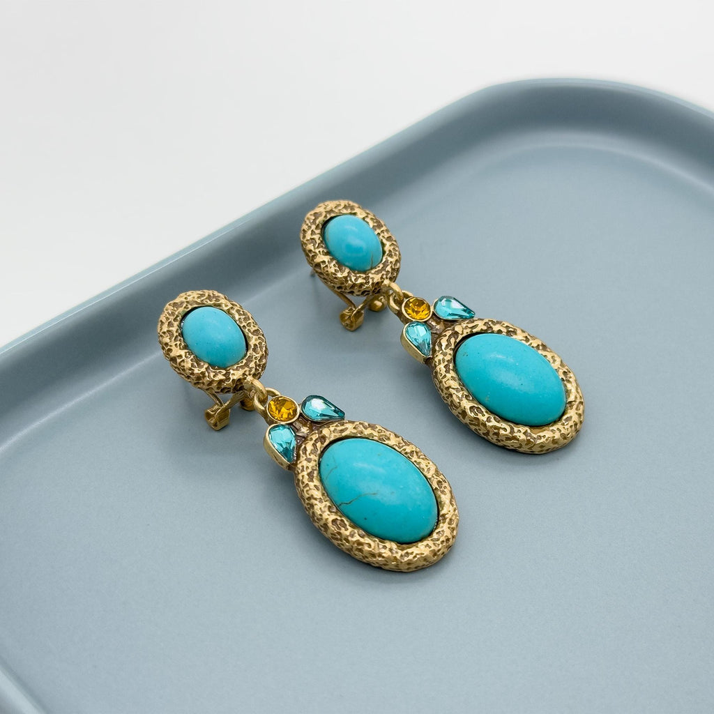 Vintage Art Deco Turquoise Drop Earrings with Rhinestone Detail