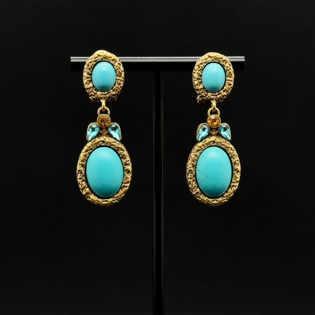 Vintage Art Deco Turquoise Drop Earrings with Rhinestone Detail