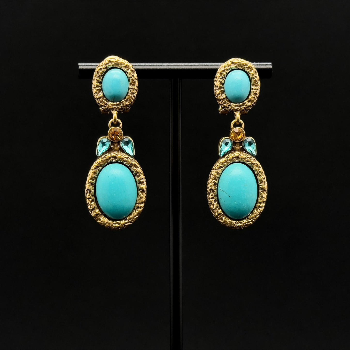 Vintage Art Deco Turquoise Drop Earrings with Rhinestone Detail