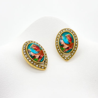 Vintage Art Deco Portrait Rhinestone Resin Copper Stud Earrings