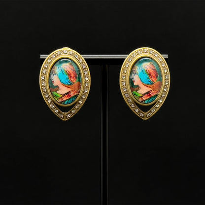 Vintage Art Deco Portrait Rhinestone Resin Copper Stud Earrings