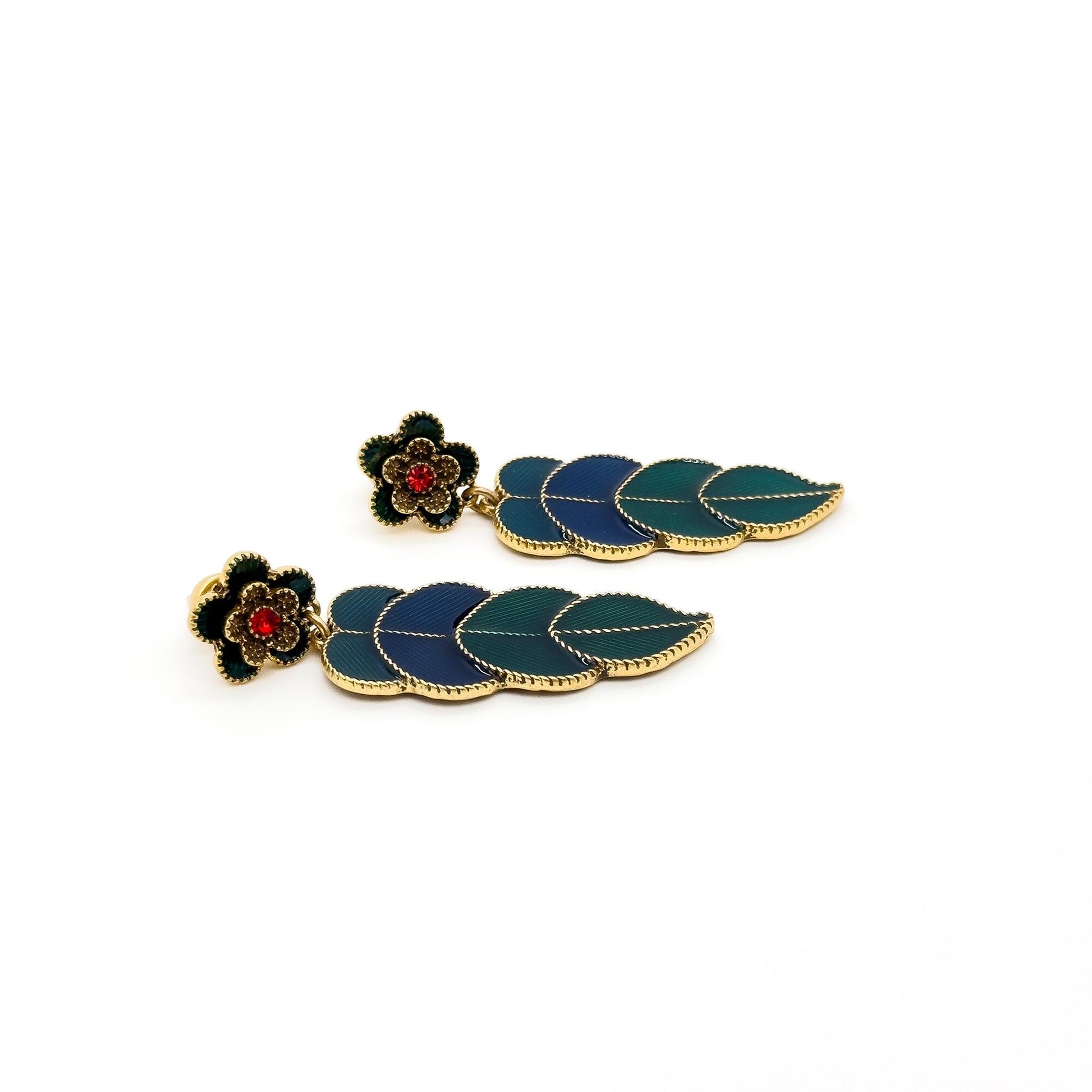 Vintage Art Deco Green Leaf Enamel Drop Earrings with Rhinestones