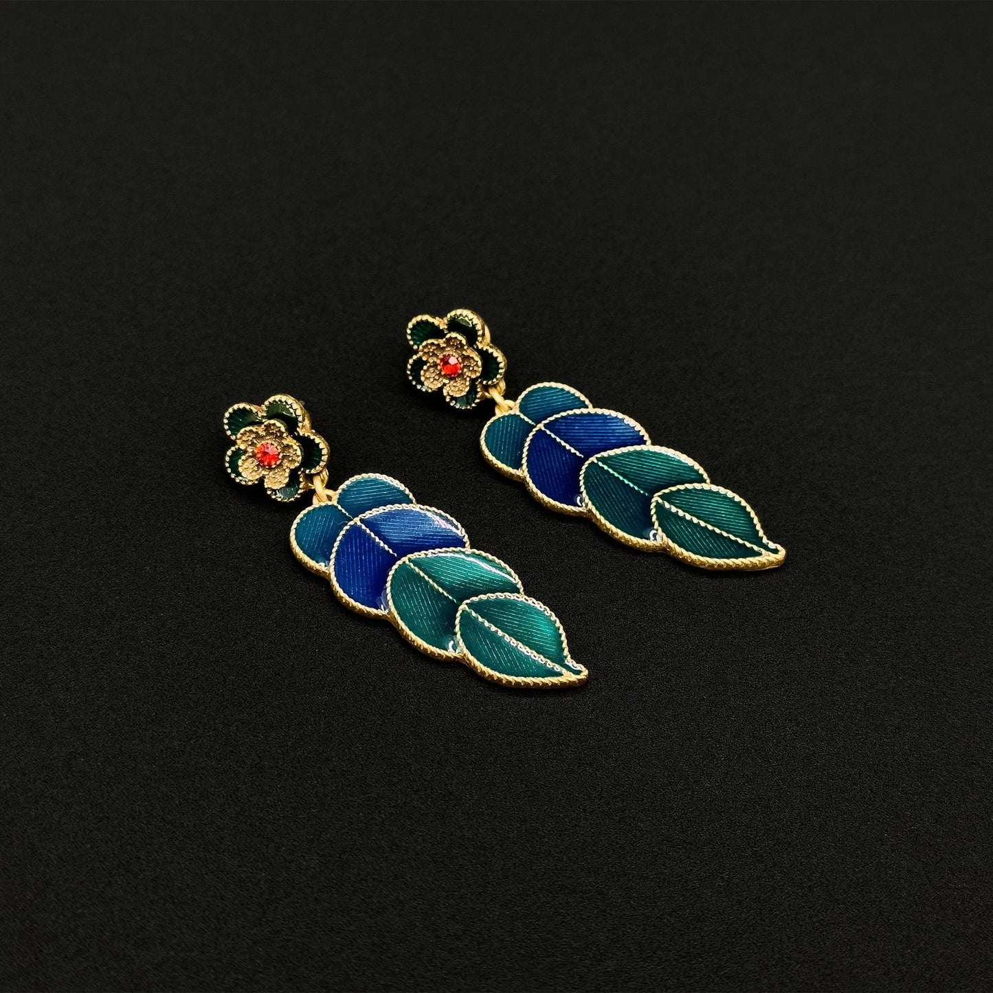 Vintage Art Deco Green Leaf Enamel Drop Earrings with Rhinestones