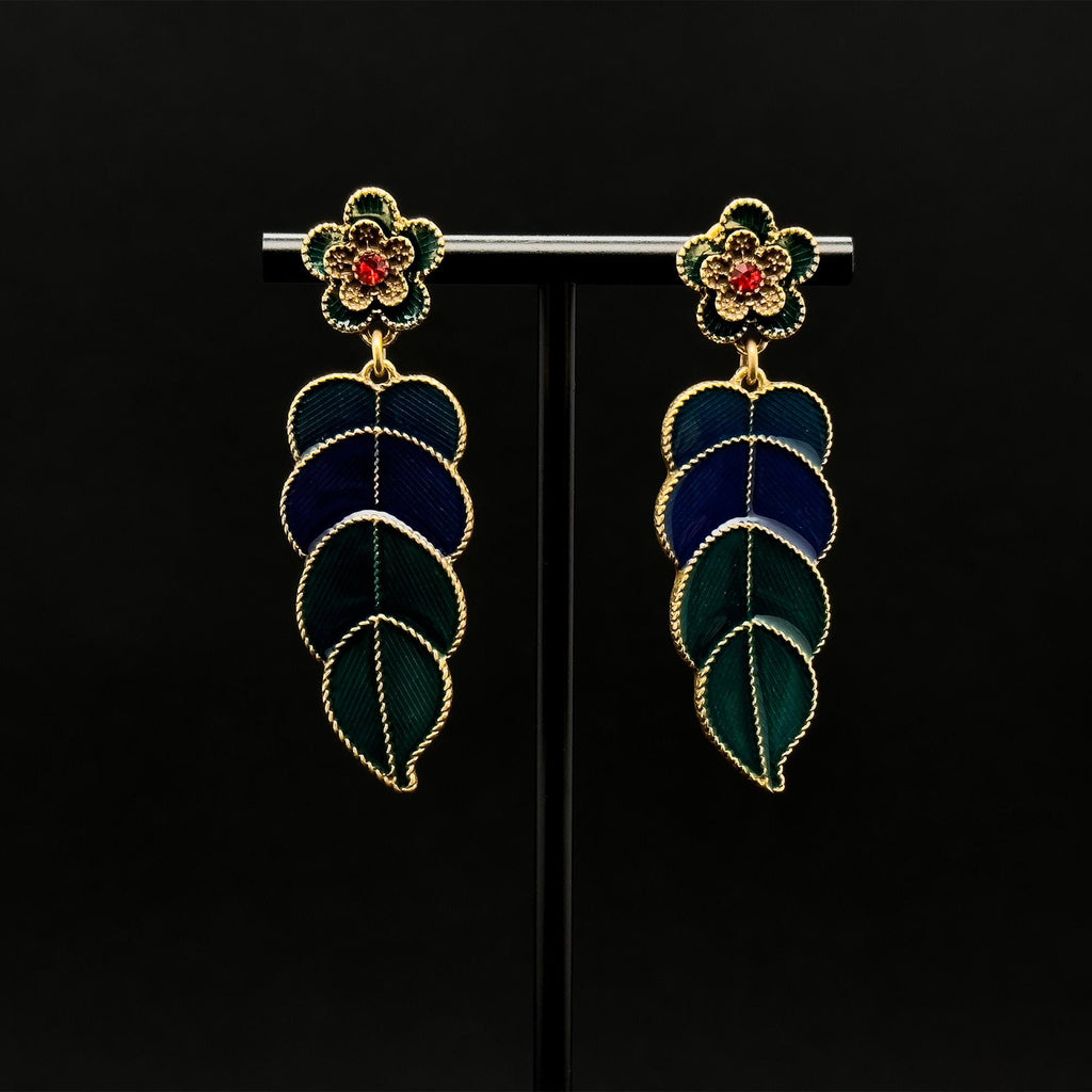 Vintage Art Deco Green Leaf Enamel Drop Earrings with Rhinestones