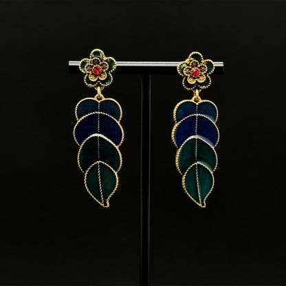 Vintage Art Deco Green Leaf Enamel Drop Earrings with Rhinestones