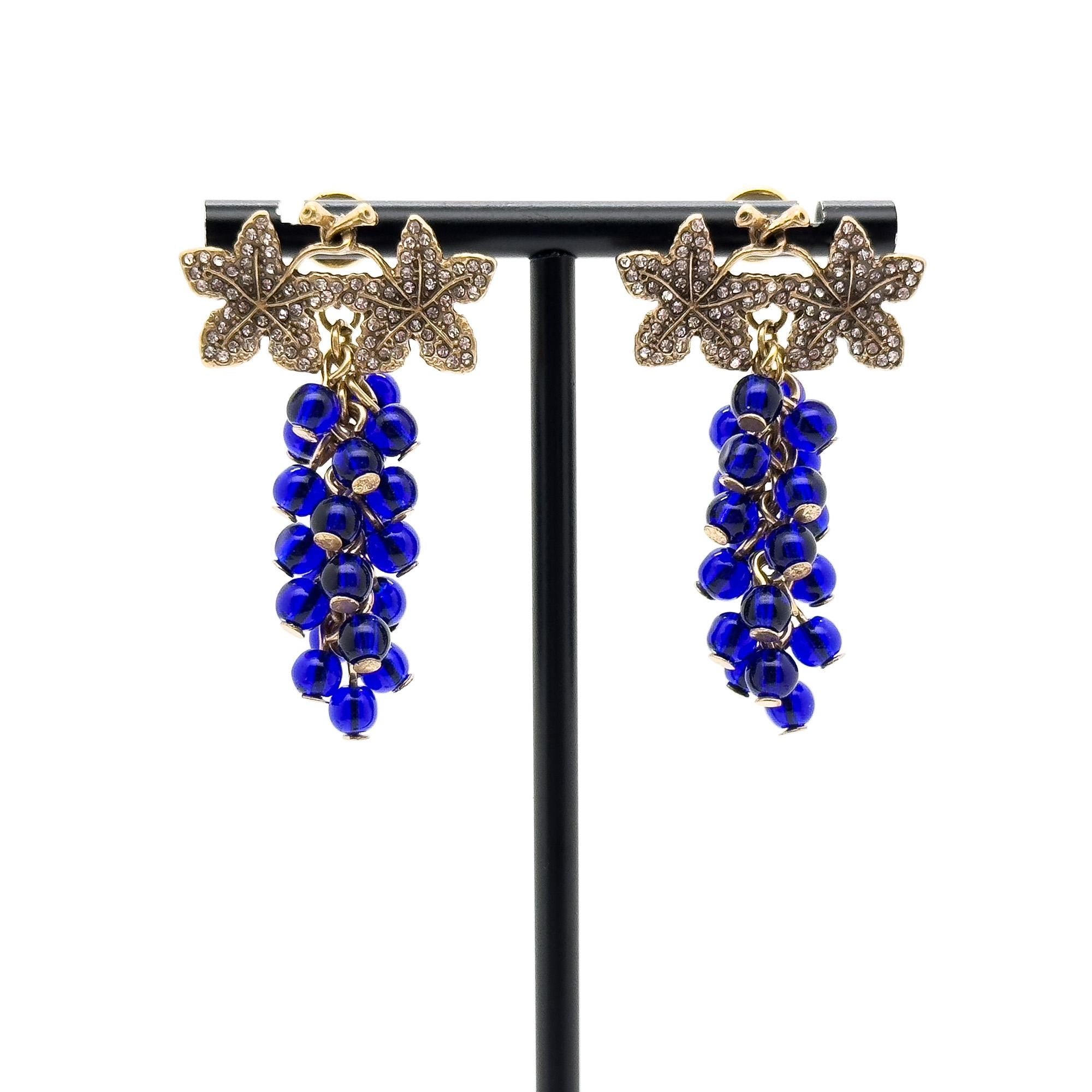 Vintage Art Deco Blue Grape Rhinestone Dangle Drop Earrings