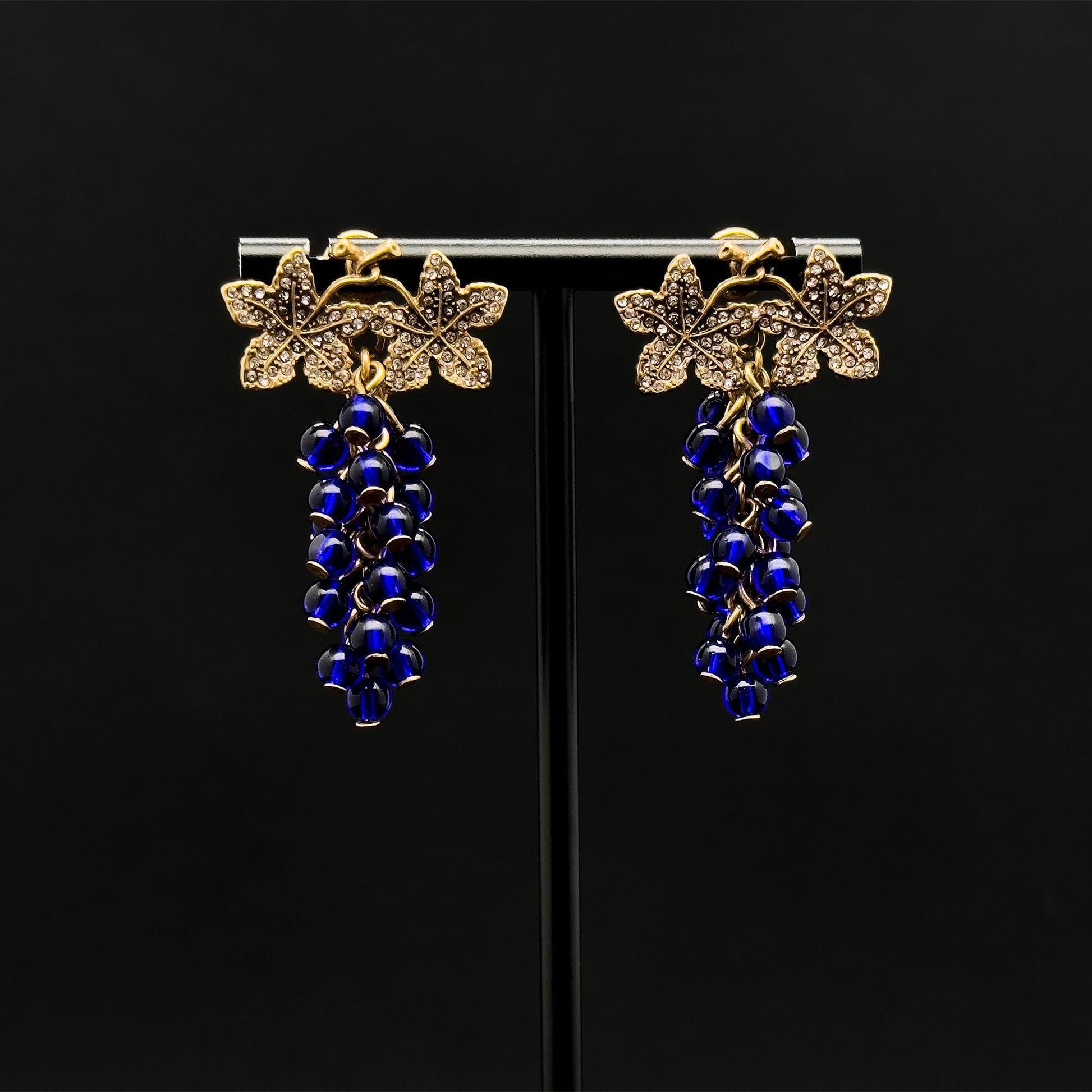 Vintage Art Deco Blue Grape Rhinestone Dangle Drop Earrings