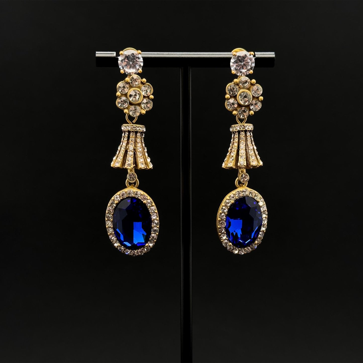 Vintage Art Deco Dangle Earrings Rhinestone Glass Copper 925 Silver